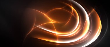 Soyut girdaplar, parlak turuncu ışıltı, koyu arkaplan. Dinamik çizgiler akan enerji yaratıyor, modern tasarım. Işık yayılıyor, büyüleyici bir görüntü..
