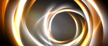 Soyut eşmerkezli daireler, canlı turuncu, beyaz, gümüş renkler. Dinamik girdap çizgileri derinlik yaratır, modern tasarım. Koyu arkaplan aydınlığı vurgular.