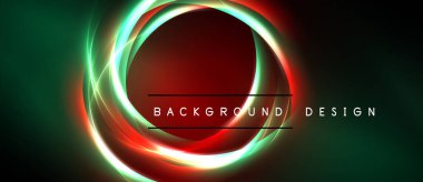 Soyut tasarım parlayan dairesel katmanlar içerir. Kırmızı merkez yeşille çevrili, neon ışık efektleri dinamik görsel efektler yaratır.