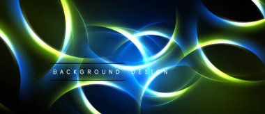 Soyut parlak çizgiler koyu arkaplan üzerinde dairesel şekiller oluşturur. Parlak mavi, yeşil renkler dinamik görsel efekt yaratır. Modern tasarım ögesi.