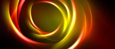 Soyut tasarım hareketli kıvrımlı çizgiler içerir. Sarı, turuncu, kırmızı renkler koyu arkaplana hakim. Dairesel hareket dinamik görsel efekt yaratır.