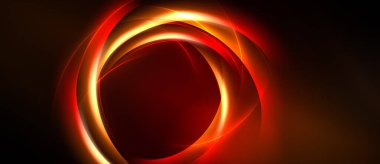 Soyut tasarım parlak eşmerkezli daireler içerir. Kırmızı, turuncu renkler koyu arkaplana hakim. Dinamik enerji merkezi noktadan yayılır.