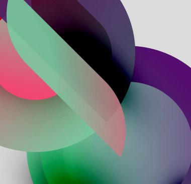 Soyut şekiller örtüşür, canlı renk karışımları yaratır. Yumuşak eğimler derinliği önerir, modern görsel deneyimi oluşturur.
