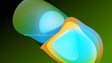 Soyut şekiller örtüşür, canlı renk karışımları yaratır. Yeşil, turuncu, mavi renkler koyu arkaplana hakim. Modern tasarım ögesi.