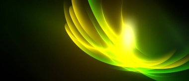 Parlak sarı, yeşil enerji akıyor. Soyut tasarım hareketi çağrıştırıyor, ışık merkez noktadan karanlık arkaplana yayılıyor.