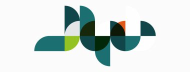 Soyut geometrik şekiller, deniz mavisi, yeşil, beyaz. Modern tasarım, üst üste binen segmentler akış örüntüsü yaratır. Minimalist estetik.