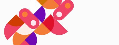 Soyut şekiller örtüşür, canlı bir bileşim yaratır. Pembe, turuncu, mor renkler beyaz arkaplana hakim. Modern tasarım ögesi.