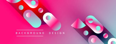 Canlı pembe arka planda soyut şekiller, daireler, kareler var. Gradyan renkler modern tasarım yaratır, metin arkaplan tasarımı okur.