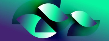 Soyut şekiller örtüşüyor, canlı gradyanlar yaratıyor. Maviler, yeşiller kompozisyona hakim. Modern tasarım hareketi çağrıştırıyor, derinliği.