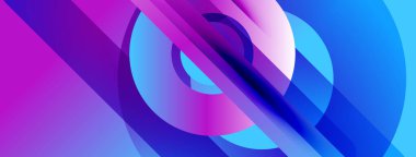 Canlı mor, mavi gradyanlı soyut kompozisyon. Üst üste binen daireler, çizgiler dinamik görsel efekt yaratır. Modern tasarım.