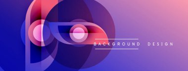 Soyut tasarım, üst üste binen daireler, canlı mor, mavi renkler. Modern estetik, uygun arkaplan ögesi.