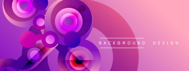 Soyut canlı tasarım kıvrımlı şekiller, daireler, gradyanlar içerir. Pembe, mor renkler kompozisyona hakim. Modern estetik.