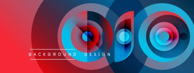 Soyut canlı tasarım, üst üste binen daireler, gradyanlar. Kırmızı, mavi renkler kompozisyona hakim. Modern estetik, dinamik görsel etki.
