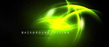 Parlak neon çizgileri koyu arkaplan üzerinde soyut şekiller oluşturur. Metin arka plan tasarımı okur. Canlı yeşil ışıldıyor enerji.