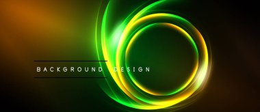 Soyut tasarım canlı eşmerkezli daireler içerir. Yeşil, sarı, turuncu renkler harmanlanarak, dinamik görsel efekt yaratır. Metin arkaplan tasarımı okur.