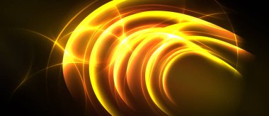 Parlak turuncu, sarı enerji girdapları. Dinamik ışık çizgileri soyut, karanlık arka plana karşı akan desenler yaratır. Canlı, modern tasarım.