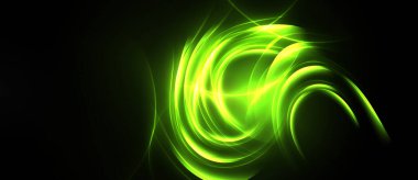 Parlak yeşil enerji, karanlık arka plana doğru dönüyor. Soyut ışık desenleri dinamik görsel etki yaratır. Parlayan kıvrımlar kompozisyona hakim..