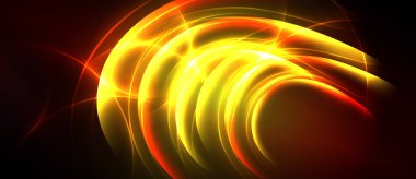 Parlak soyut çizgiler girdap şekli oluşturur. Canlı sarı, turuncu renkler koyu arkaplana hakim. Dinamik enerji merkezden yayılır.