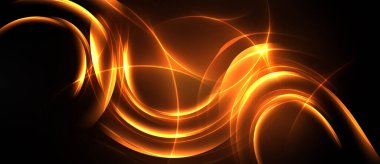 Soyut turuncu çizgiler koyu arkaplanda parıldıyor. Dinamik eğriler enerji, sıcaklık ve görsel ilgi yaratır. Parlaklık, gölgelerle keskin bir tezat oluşturuyor..