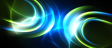 Soyut girdaplar, canlı mavi, yeşil renkler baskın. Parlak ışık çizgileri dinamik enerji yaratır, koyu arkaplan ise keskin bir zıtlık yaratır.
