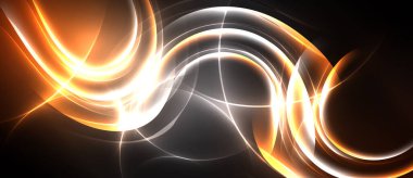 Soyut tasarım, koyu arkaplana karşı turuncu, beyaz ışık kıvrımları akar. Dinamik enerji merkezi noktadan yayılır.
