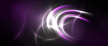 Soyut girdaplar, canlı mor renkler, parlak beyaz ışık. Dinamik enerji merkezden yayılır, koyu arkaplan karşıtlık yaratır.