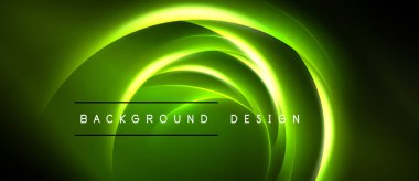 Parlak yeşil dalgalar dairesel tasarım oluşturur. Karanlık arka plan aydınlatma etkisini arttırır. Metin arkaplan tasarımı okur.