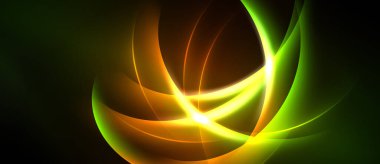 Soyut parlak çizgiler dinamik eğriler oluşturur. Parlak sarı merkez, yeşil ve turuncu renklerle dışa doğru ışıldar. Koyu arkaplan aydınlığı vurgular.