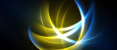 Soyut tasarım kıvrımlı sarı, mavi ışık içerir. Parlak merkez, karanlık arka planda göze çarpıyor. Dinamik, enerjik bileşim.