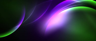 Soyut akışkan şekiller, canlı renklerin karışımı. Yeşil, mor renkler koyu arkaplana hakim. Düz eğriler dinamik görsel efekt yaratır.