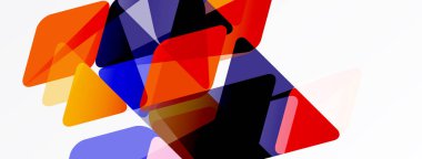 Üstüste binen yarı şeffaf üçgenler içeren soyut bileşim. Renkler arasında turuncu, mavi, kırmızı, mor, beyaz sayılabilir. Modern tasarım, dinamik şekiller.