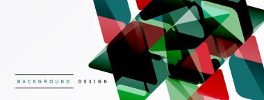 Soyut geometrik şekiller örtüşür, dinamik bileşim yaratır. Kırmızı, yeşil, koyu renkler beyaz boşluğa zıt. Modern tasarım ögesi.