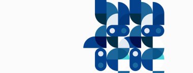 Soyut mavi şekiller tekrar eden desenler oluşturur. Beyaz arka planlı minimalist tasarım temiz estetik yaratır. Modern grafik ögesi.