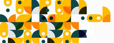 Soyut geometrik desen. Şekiller örtüşüyor, canlı bir bileşim oluşturuyor. Renkler turuncu, sarı, deniz mavisi, gri. Modern tasarım ögesi.