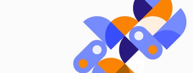 Soyut geometrik şekiller örtüşür, dinamik bileşim yaratır. Mavi, turuncu, mor renkler beyaz arkaplana hakim. Modern tasarım elemanları.