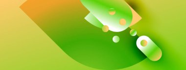 Soyut tasarım canlı yeşil, sarı, turuncu renkler içerir. Yumuşak eğimler akışkan şekiller yaratır, modern estetik. Minimalist kompozisyon.