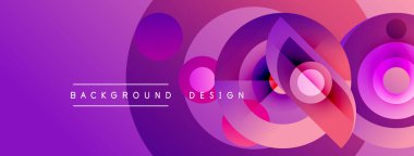 Soyut daireler örtüşüyor, canlı mor, pembe gradyanlar yaratıyor. Metin, arkaplan dizaynının şekillerin altında olduğunu okur. Modern, dinamik kompozisyon.