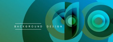 Soyut arkaplan özellikleri katmanlı çemberler, gradyanlar. Teal, koyu yeşil renkler tasarımda baskın. Metin arka plan tasarımı okur. Modern estetik.