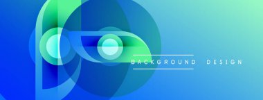 Soyut tasarım özellikleri katmanlı mavi, yeşil daireler. Gradyan arka plan dinamik görsel efekt yaratır. Modern, temiz estetik.