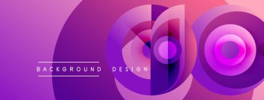 Soyut mor tasarım, üst üste binen daireler, gradyanlar. Modern estetik, arka planlar ve sunumlar için uygun. Varolan basit metin ögeleri.