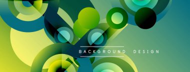 Soyut geometrik şekiller örtüşüyor, canlı yeşil, mavi renkler yaratıyor. Modern tasarım elementleri dinamik bileşimi önerir.