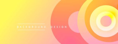 Gradyan arka planda eşmerkezli çemberler var. Renkler sarıdan turuncuya, sonra da pembeye geçiyor. Metin kaplamalı minimalist tasarım.