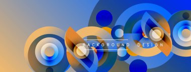 Soyut geometrik şekiller, canlı maviler, portakallar dinamik arkaplan oluşturur. Çemberler üst üste binerek modern tasarım elementleri oluşturur.