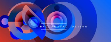 Soyut çemberler çakışıyor, canlı gradyanlar yaratıyor. Mavi, mor, kırmızı renkler tasarımda baskın. Metin arka plan tasarımı okur. Modern estetik.