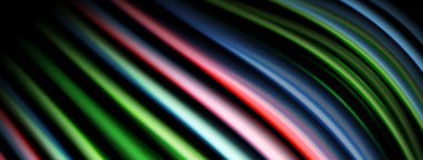 Soyut renkli çizgiler eğrisi, dinamik görsel efekt yaratır. Parlak renkler koyu arkaplanı karşılar. Modern tasarım ögesi.