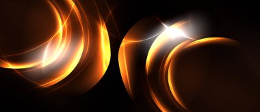 Soyut tasarım, parlak turuncu kıvrımlar, parlak ışık parlamaları ve koyu arkaplan. Dinamik bileşim enerjiyi ve sıcaklığı çağrıştırır..