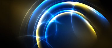 Soyut tasarım, parlayan dairesel şekiller, mavi, altın renkler içerir. Dinamik enerji merkezi noktadan, karanlık arkaplandan yayılır.