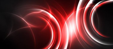 Soyut kırmızı enerji akışları, parlak ışık çizgileri, karanlık arka plan. Dairesel şekiller dinamik görsel etki yaratır. Modern tasarım ögesi.
