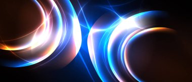 Soyut ışık şekilleri, canlı renkler, dinamik eğriler. Parlak enerji arka plandan yayılır. Modern tasarım elemanları.