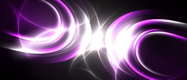 Soyut girdaplar, canlı mor ışıltılar, parlak beyaz bir merkez. Dinamik enerji karanlık arka plandan yayılır. Modern tasarım ögesi.